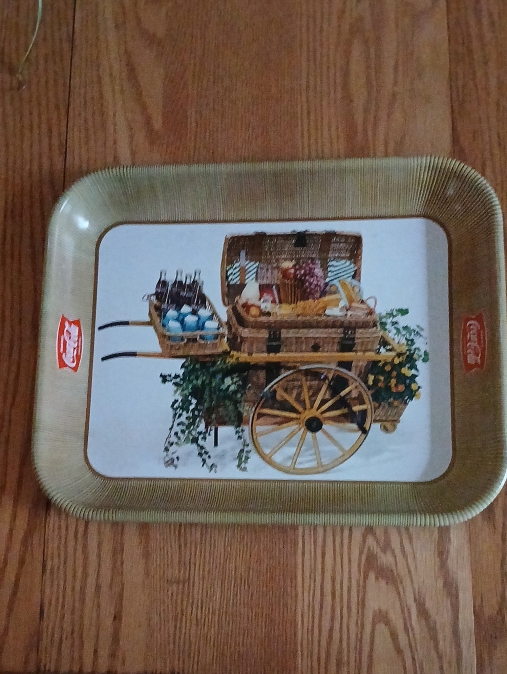 Vintage Coca Cola Gold Metal Serving Tray with Wagon Illustration